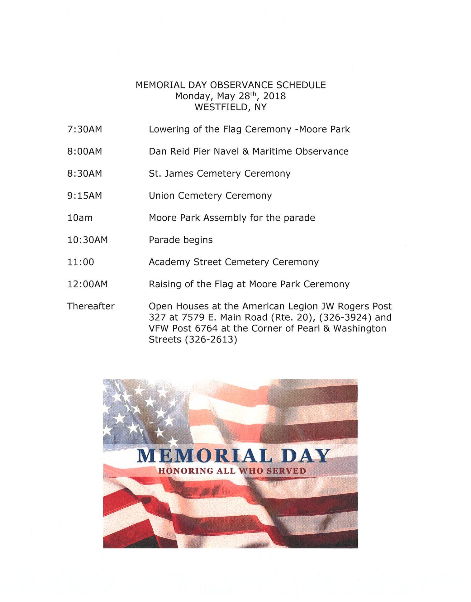 Memorial Day Observance Schedule